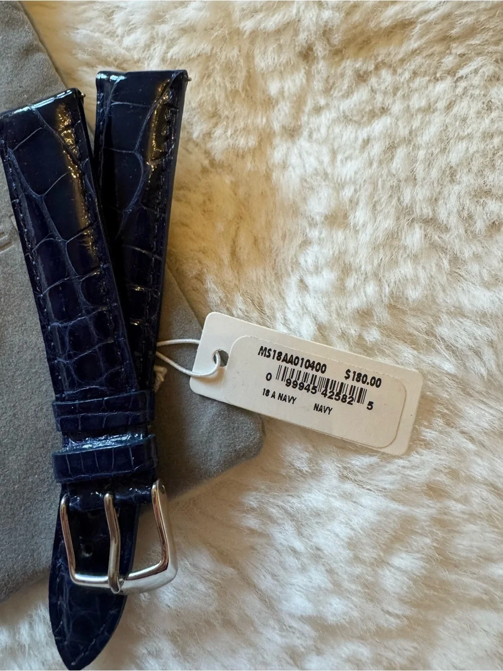 Michele Navy Croc-Embossed Patent Leather Watch Strap with Silver Buckle